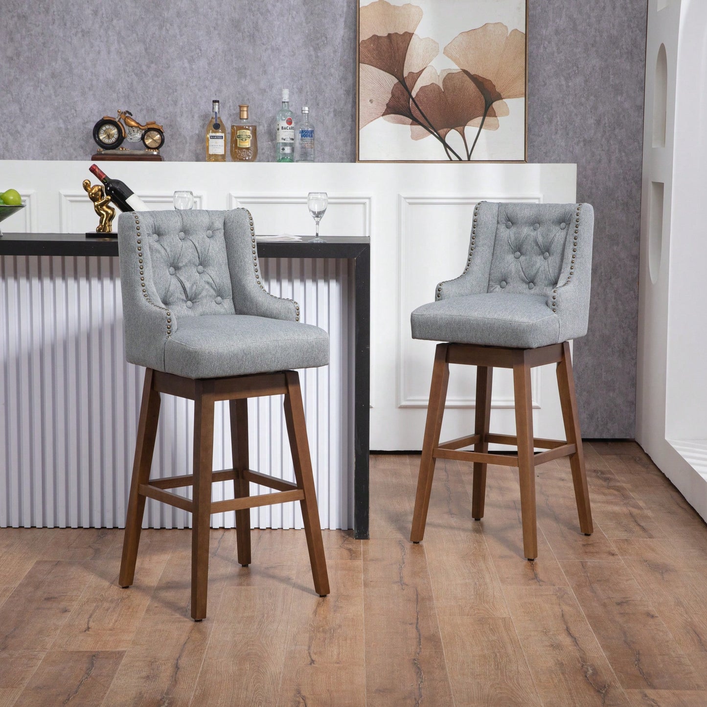 Stylish Counter Height Bar Stools Set Of 2 With Footrest And 360-Degree Swivel - Olive Linen Upholstery For Kitchen And Dining Room Decor