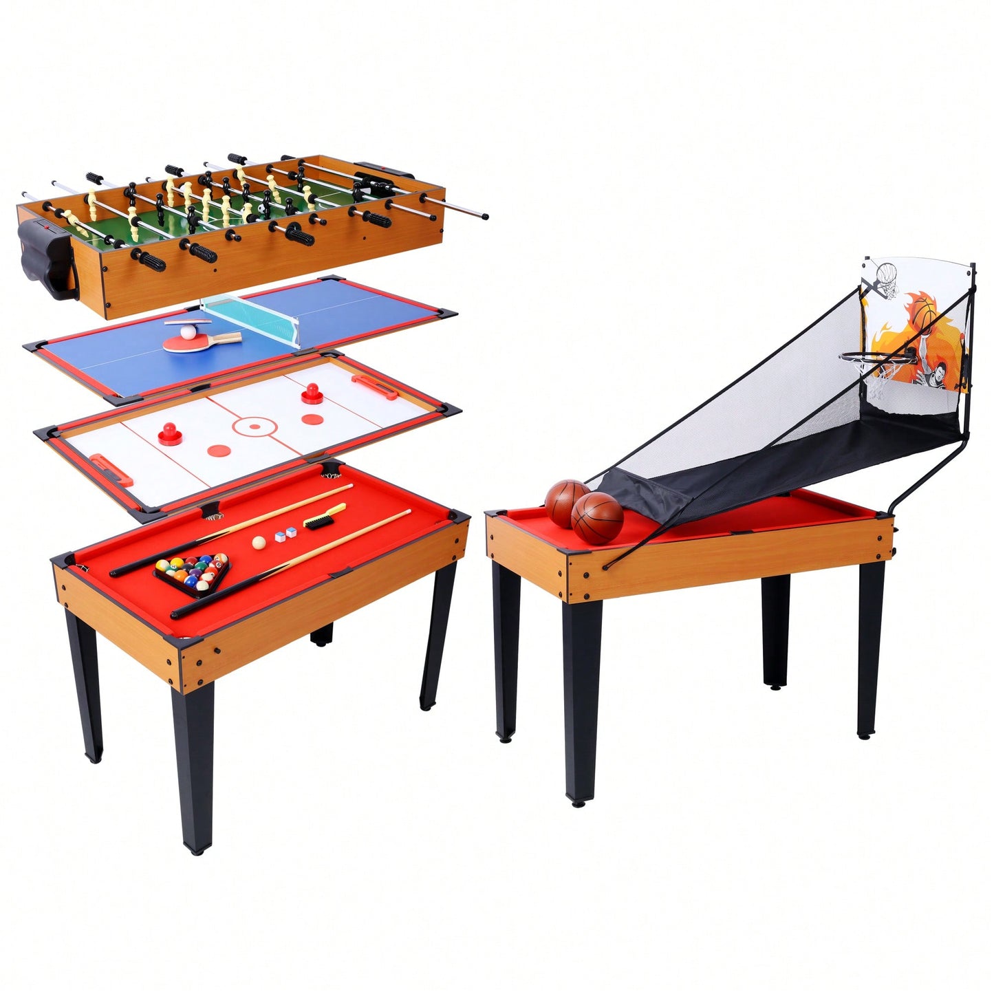 Versatile 5-In-1 Multi-Game Table - Enjoy Billiards, Air Hockey, Foosball, Table Tennis, And Basketball In Brown And Blue Finish