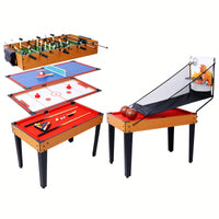 Versatile 5-In-1 Multi-Game Table - Enjoy Billiards, Air Hockey, Foosball, Table Tennis, And Basketball In Brown And Blue Finish