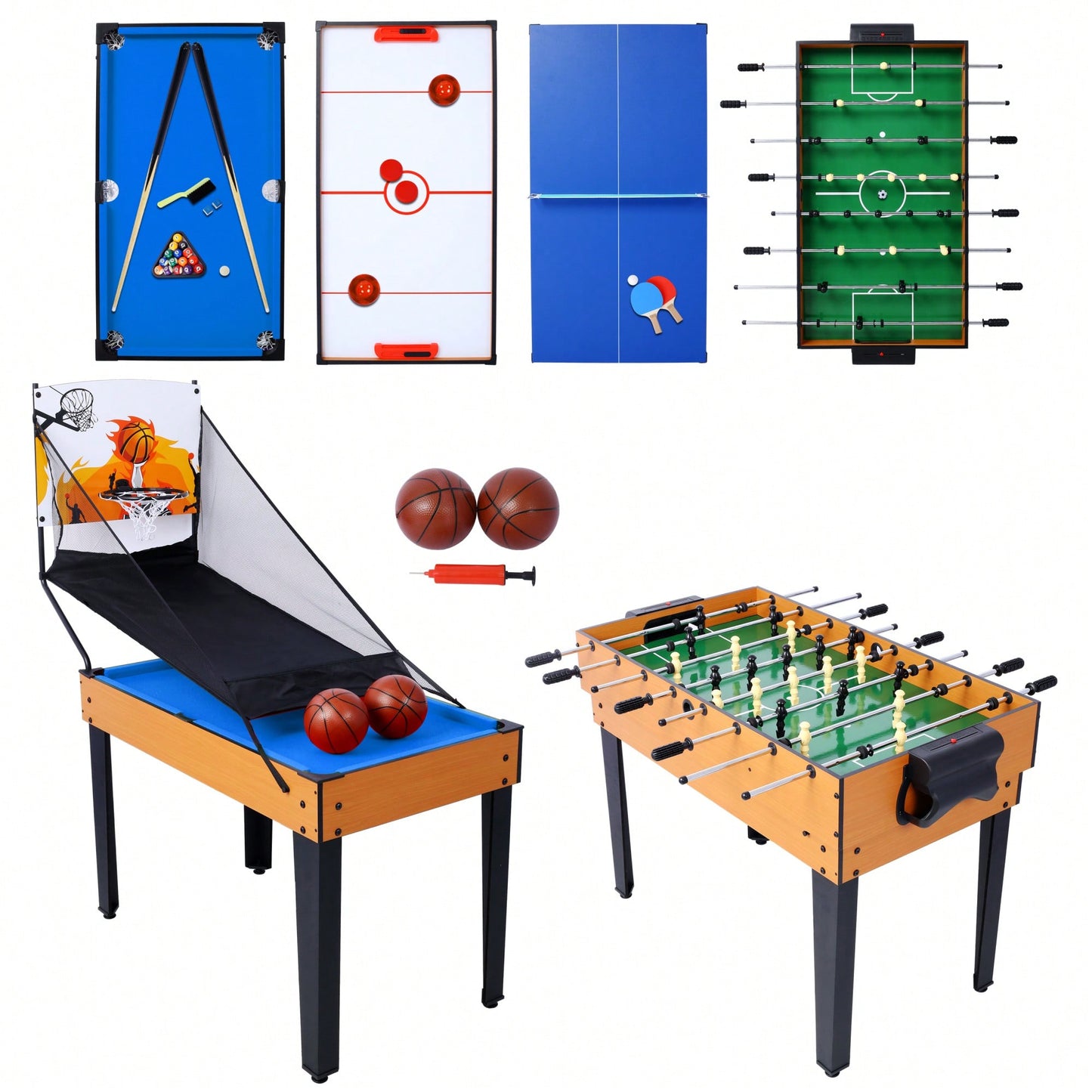 Versatile 5-In-1 Multi-Game Table - Enjoy Billiards, Air Hockey, Foosball, Table Tennis, And Basketball In Brown And Blue Finish