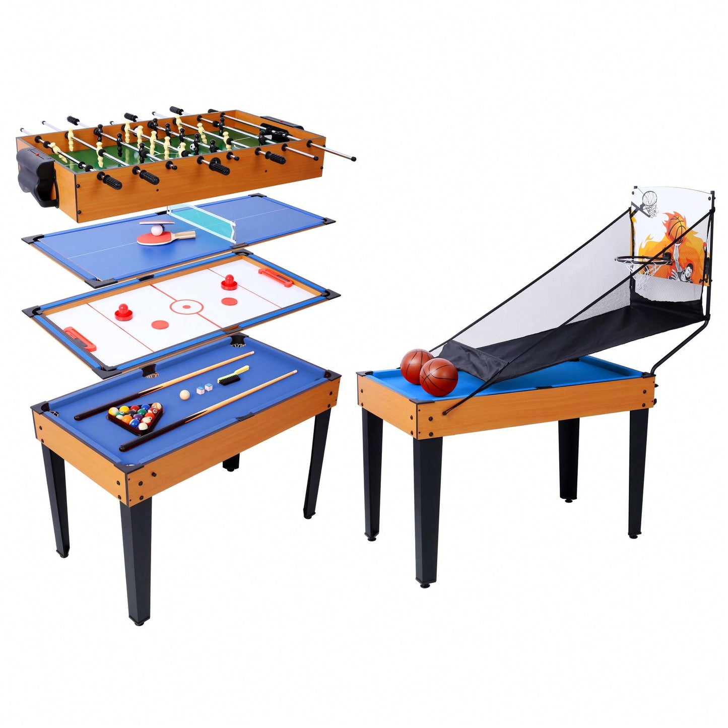 Versatile 5-In-1 Multi-Game Table - Enjoy Billiards, Air Hockey, Foosball, Table Tennis, And Basketball In Brown And Blue Finish