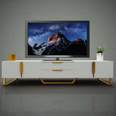 Elegant White TV Console With Carved Design, Storage Cabinets, And Metal Legs - Modern Entertainment Center For Living Room And Bedroom