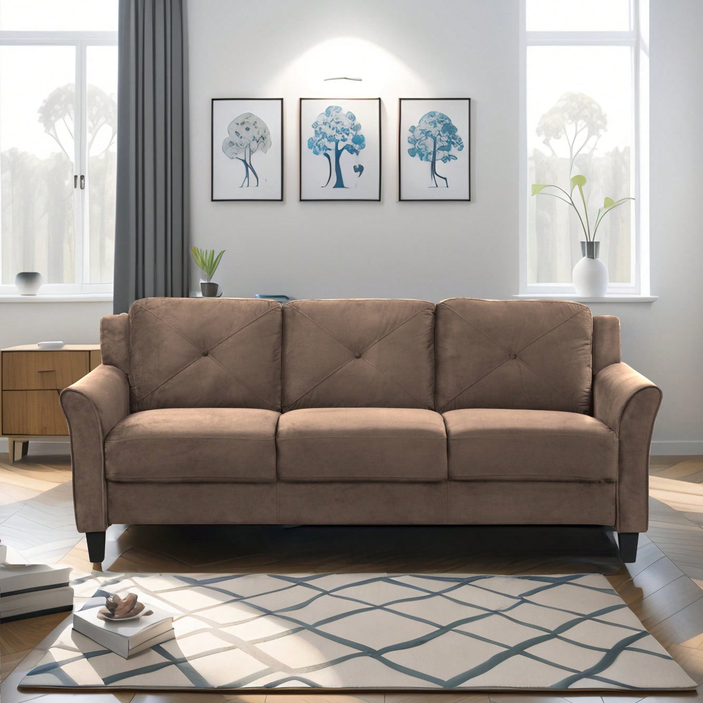 Stylish Brown Velvet Sofa For Two - Elegant Living Room Seating Solution