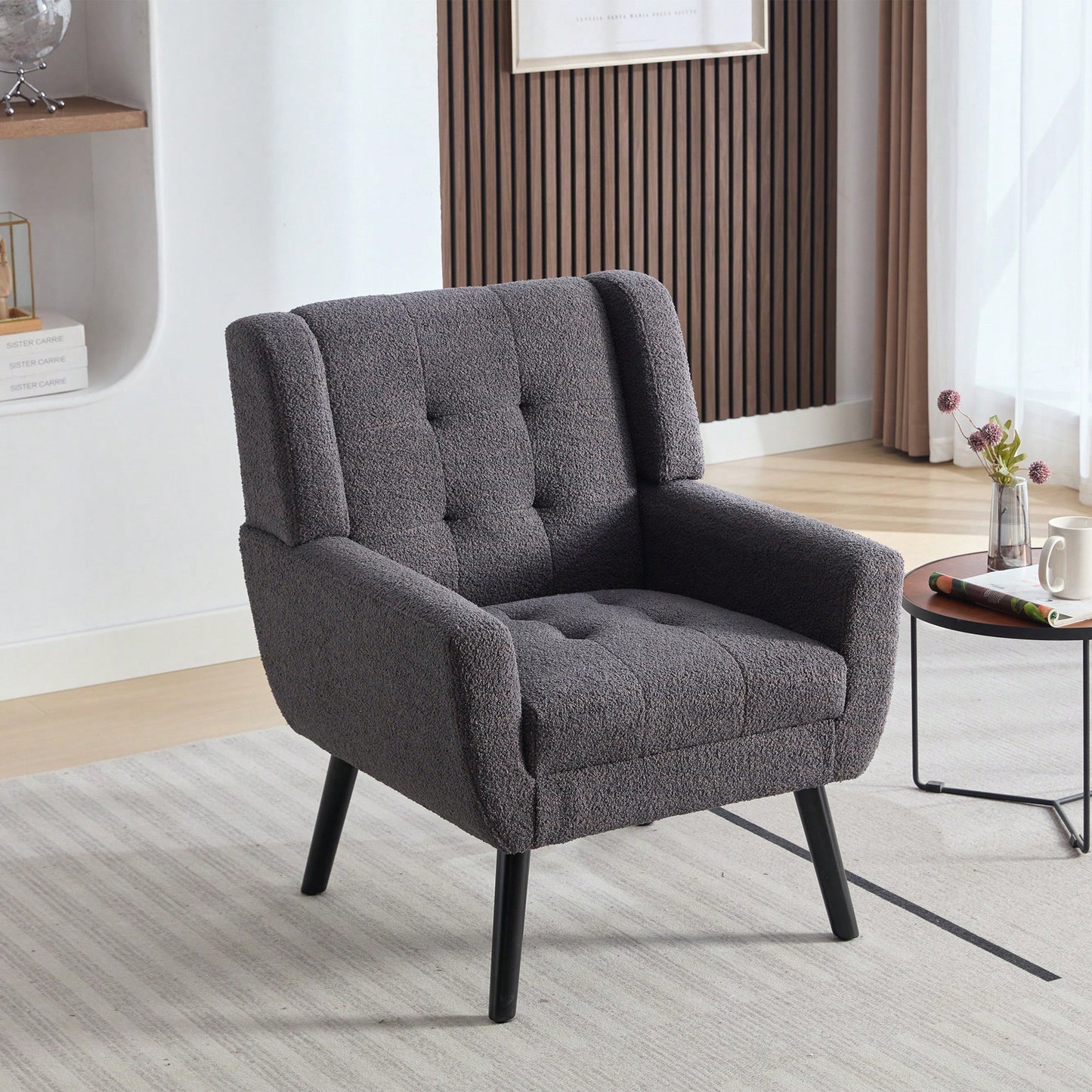 Ergonomic Soft Teddy Fabric Accent Chair For Living Room And Bedroom With Stylish Black Legs - Cozy Indoor Seating In Grey