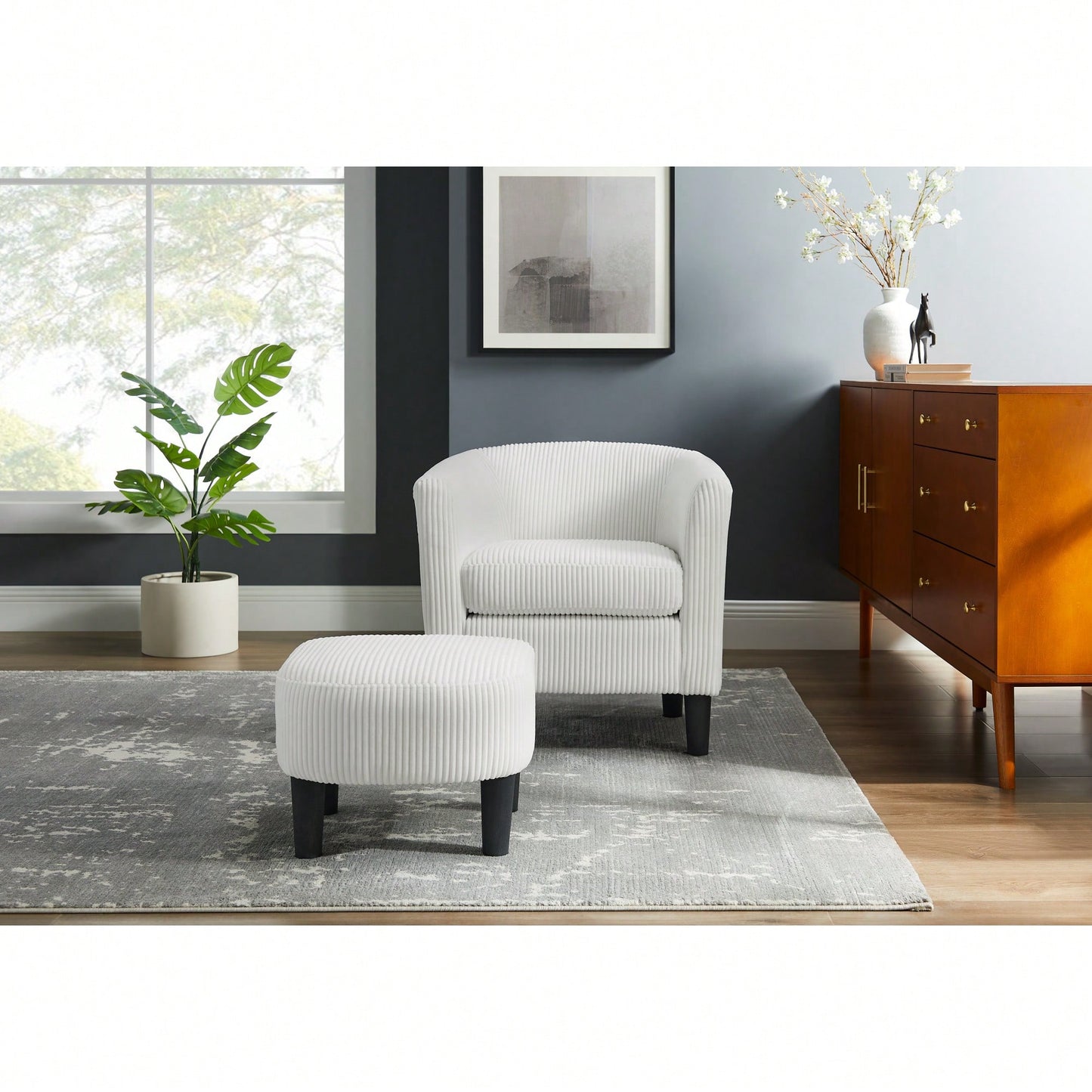 Stylish Upholstered Accent Chair With Ottoman - Cozy Corduroy Armchair For Living Room, Bedroom, And Office In White