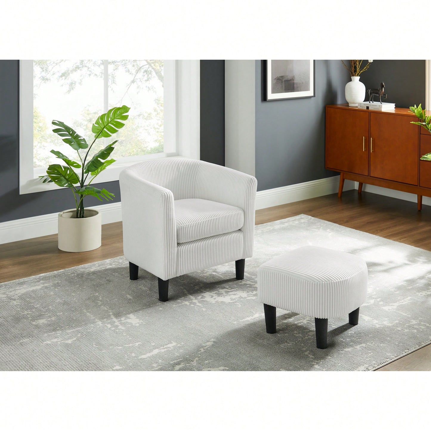 Stylish Upholstered Accent Chair With Ottoman - Cozy Corduroy Armchair For Living Room, Bedroom, And Office In White