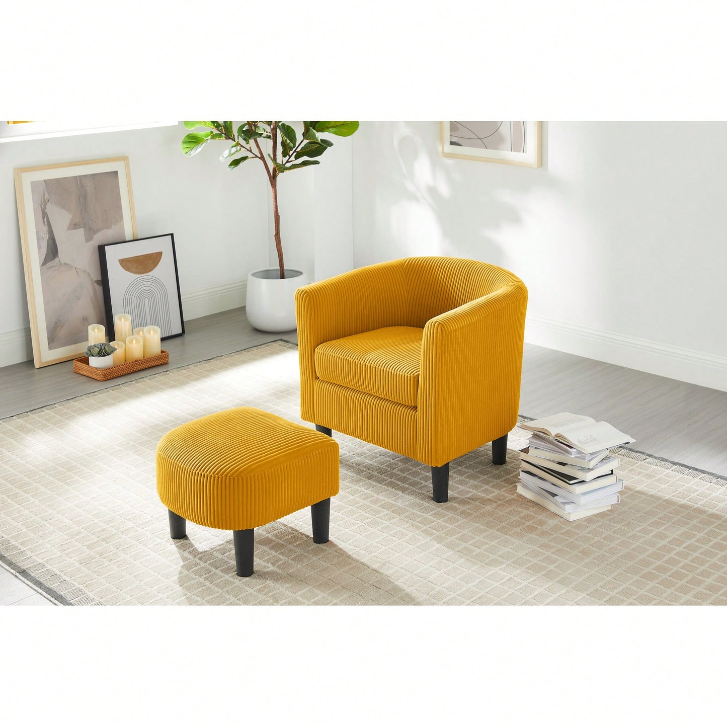 Stylish Upholstered Accent Chair With Ottoman - Cozy Corduroy Armchair For Living Room, Bedroom, And Office In White