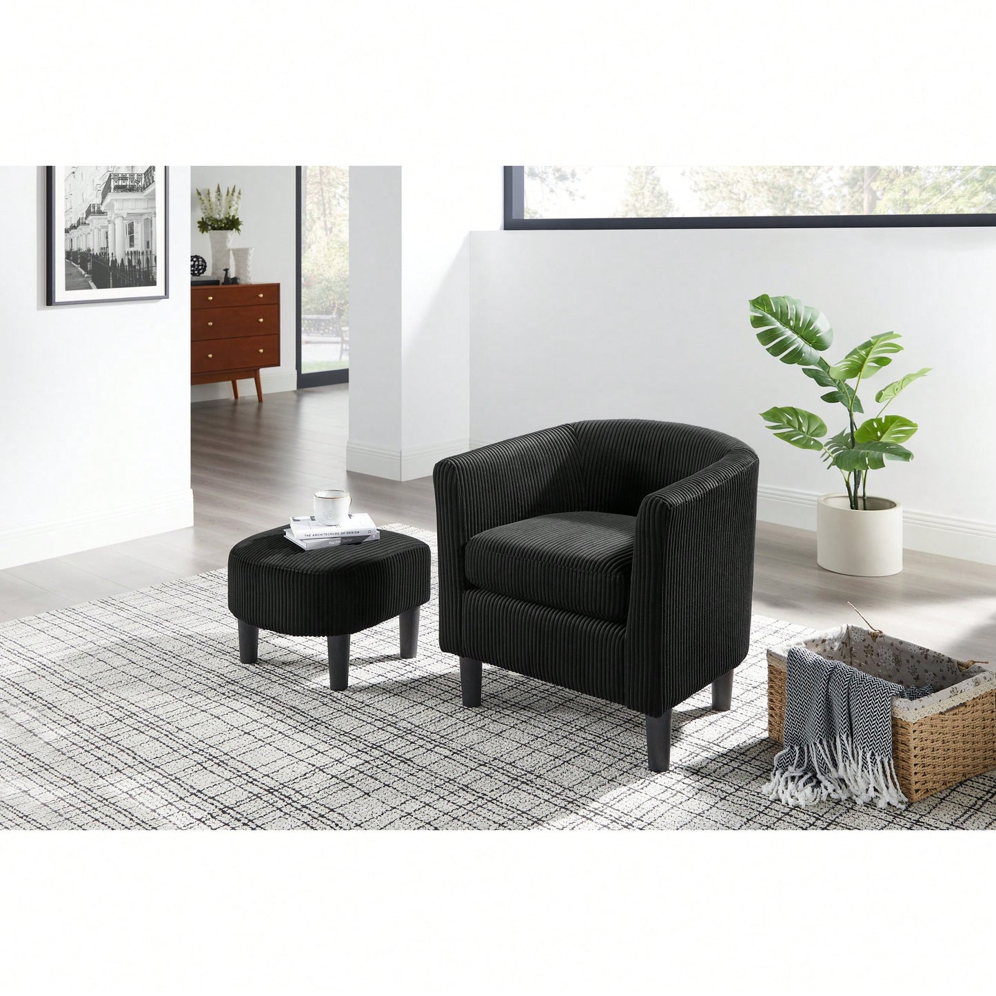 Stylish Upholstered Accent Chair With Ottoman - Cozy Corduroy Armchair For Living Room, Bedroom, And Office In White