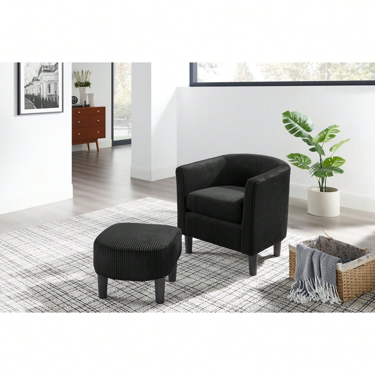 Stylish Upholstered Accent Chair With Ottoman - Cozy Corduroy Armchair For Living Room, Bedroom, And Office In White