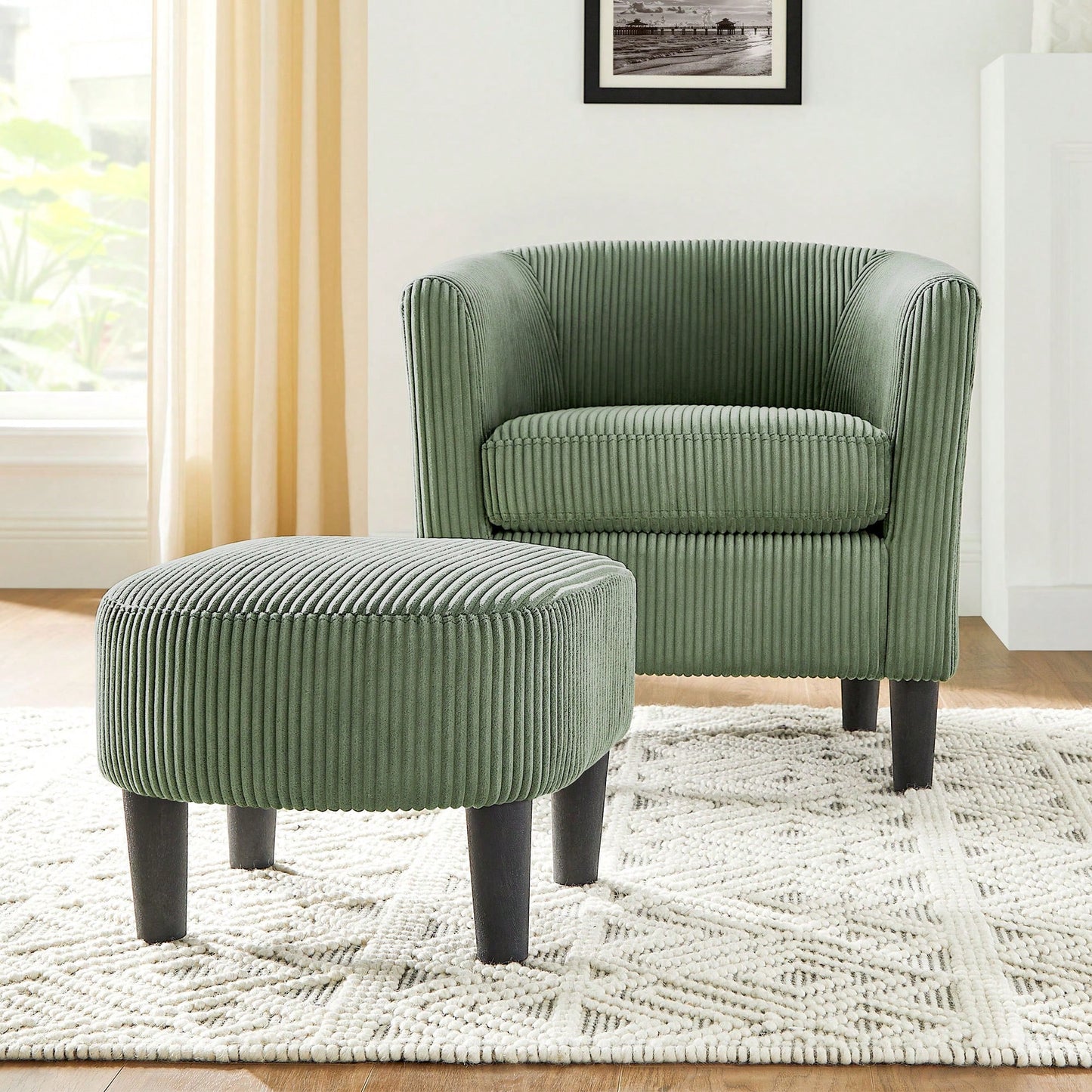 Stylish Upholstered Accent Chair With Ottoman - Cozy Corduroy Armchair For Living Room, Bedroom, And Office In White