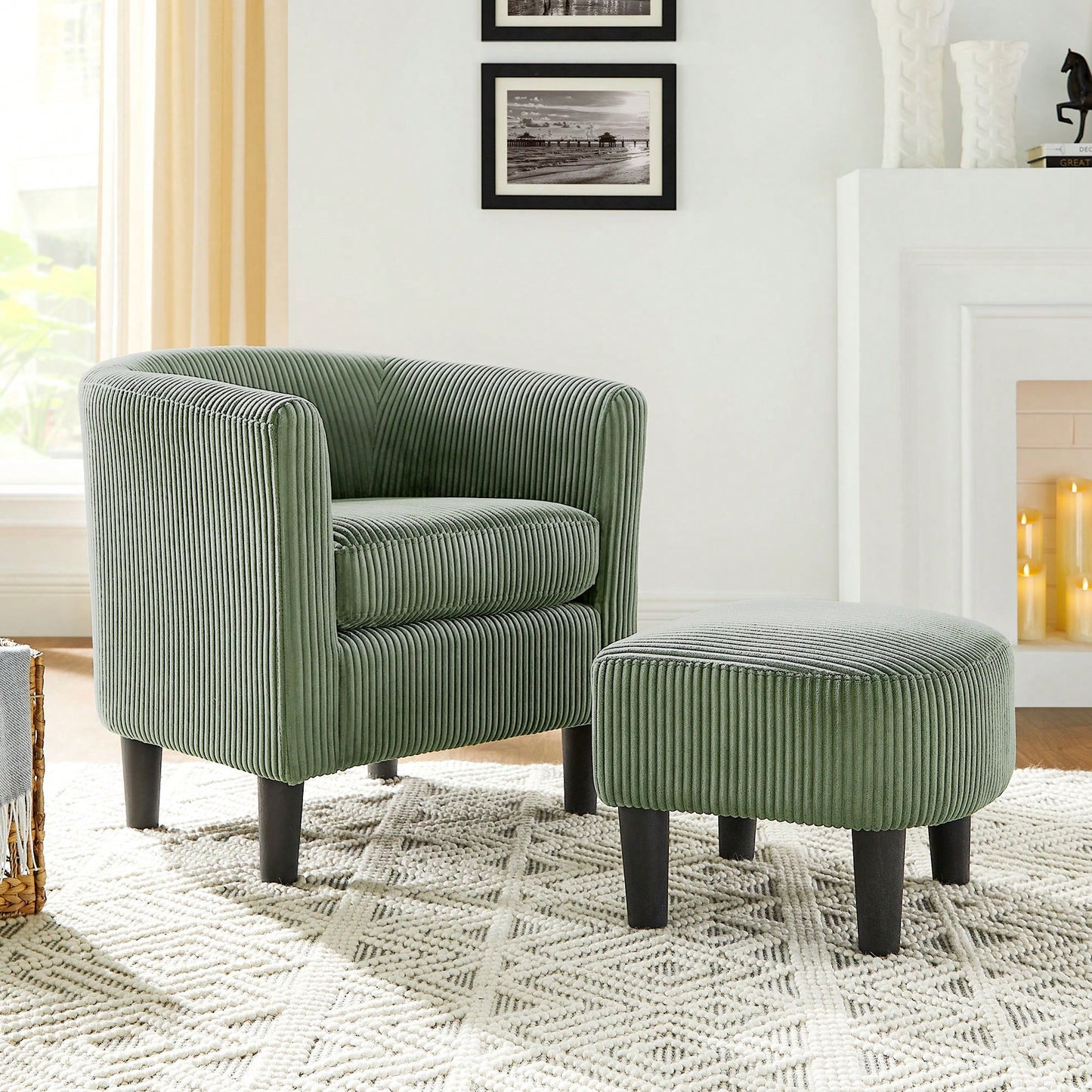 Stylish Upholstered Accent Chair With Ottoman - Cozy Corduroy Armchair For Living Room, Bedroom, And Office In White