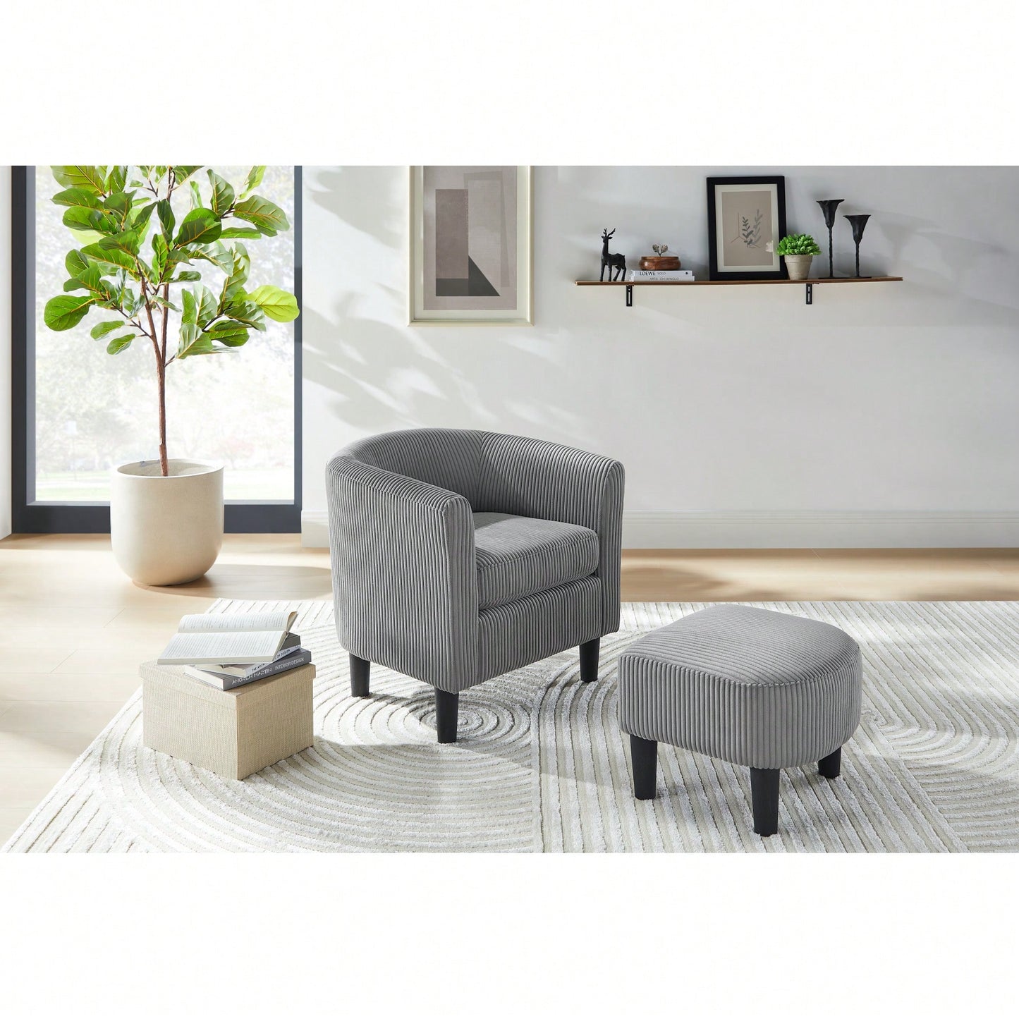 Stylish Upholstered Accent Chair With Ottoman - Cozy Corduroy Armchair For Living Room, Bedroom, And Office In White