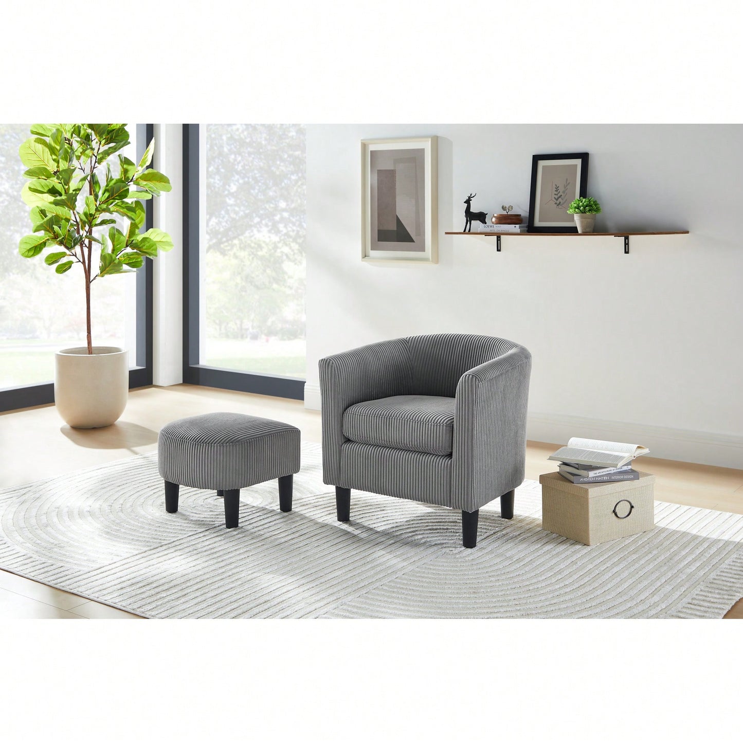Stylish Upholstered Accent Chair With Ottoman - Cozy Corduroy Armchair For Living Room, Bedroom, And Office In White