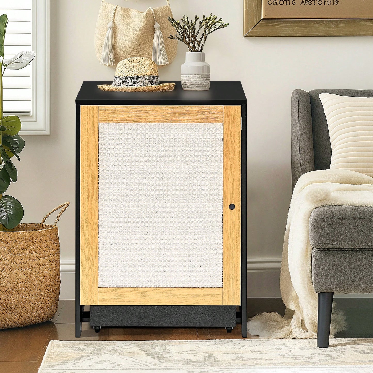 Stylish Cat Litter Box Enclosure And Hidden Washroom Furniture With Sisal Door - Black Kitty End Table And Litter Cabinet