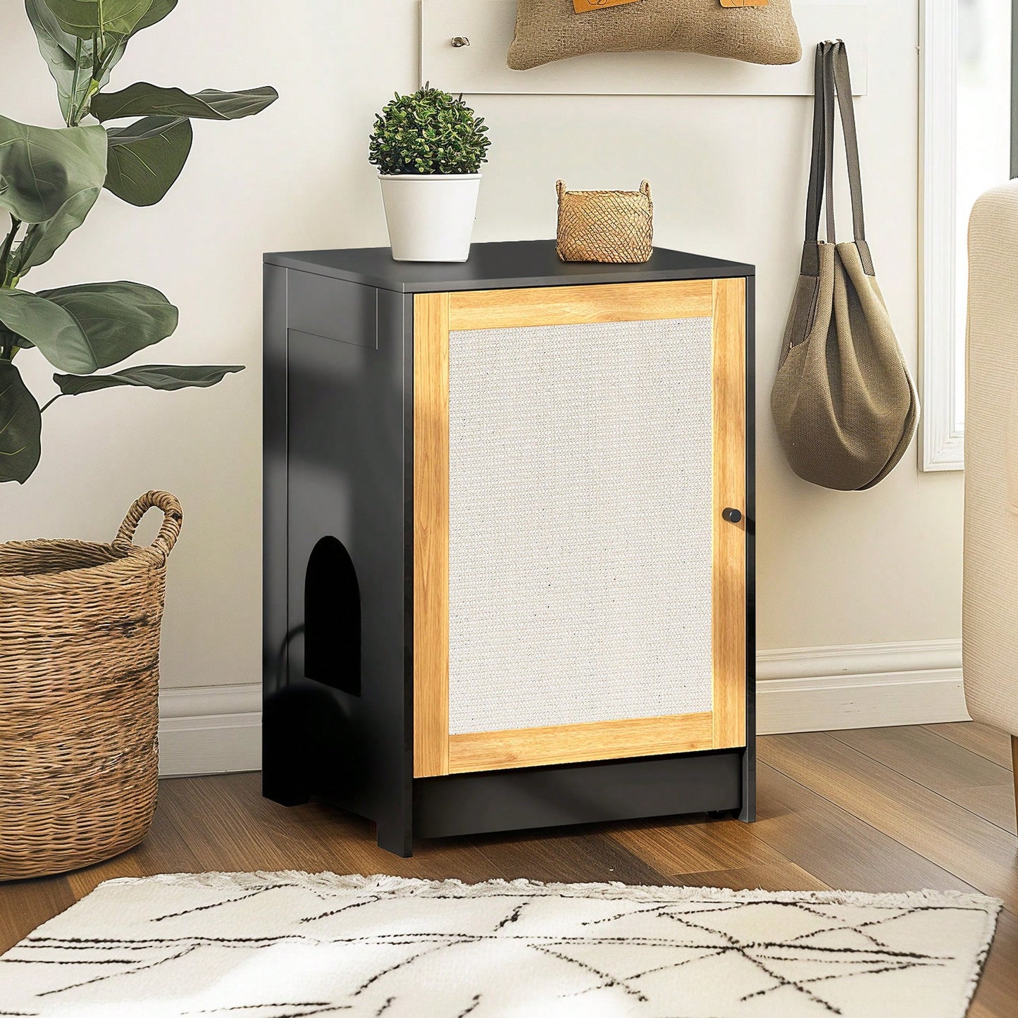 Stylish Cat Litter Box Enclosure And Hidden Washroom Furniture With Sisal Door - Black Kitty End Table And Litter Cabinet