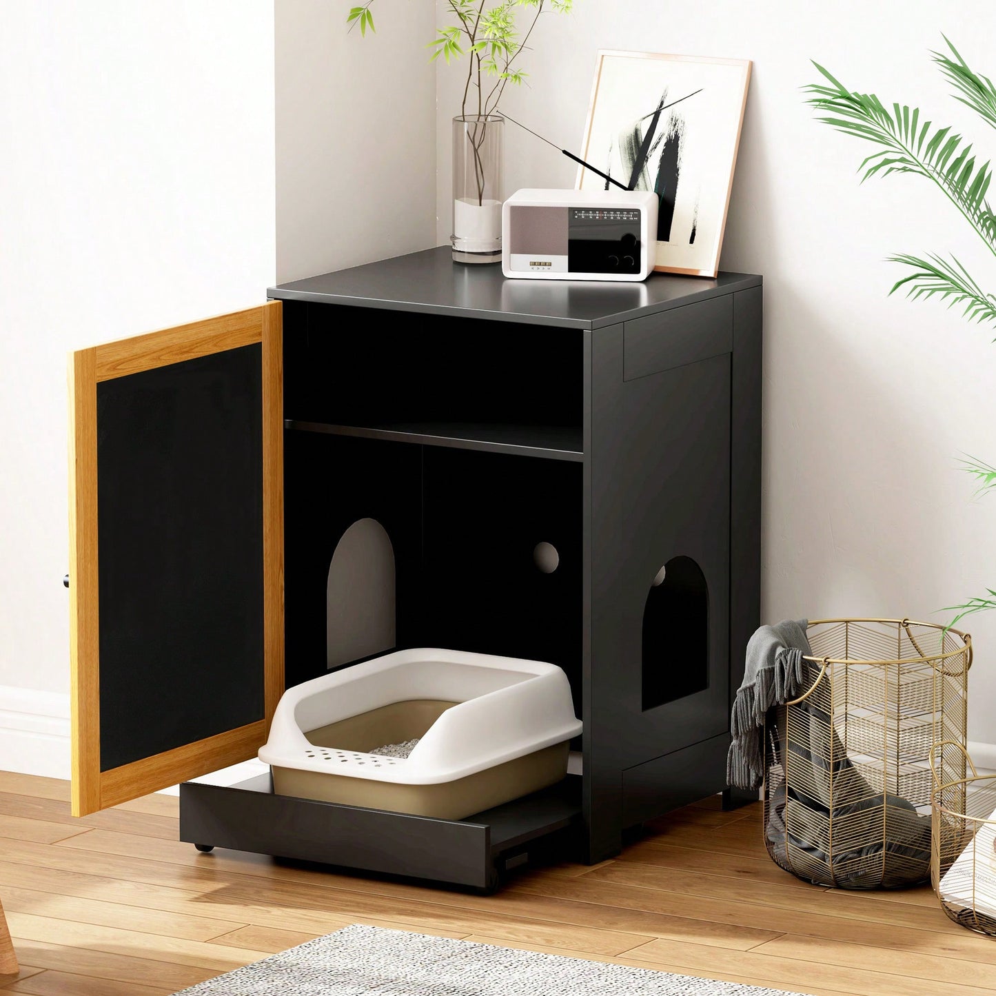 Stylish Cat Litter Box Enclosure And Hidden Washroom Furniture With Sisal Door - Black Kitty End Table And Litter Cabinet