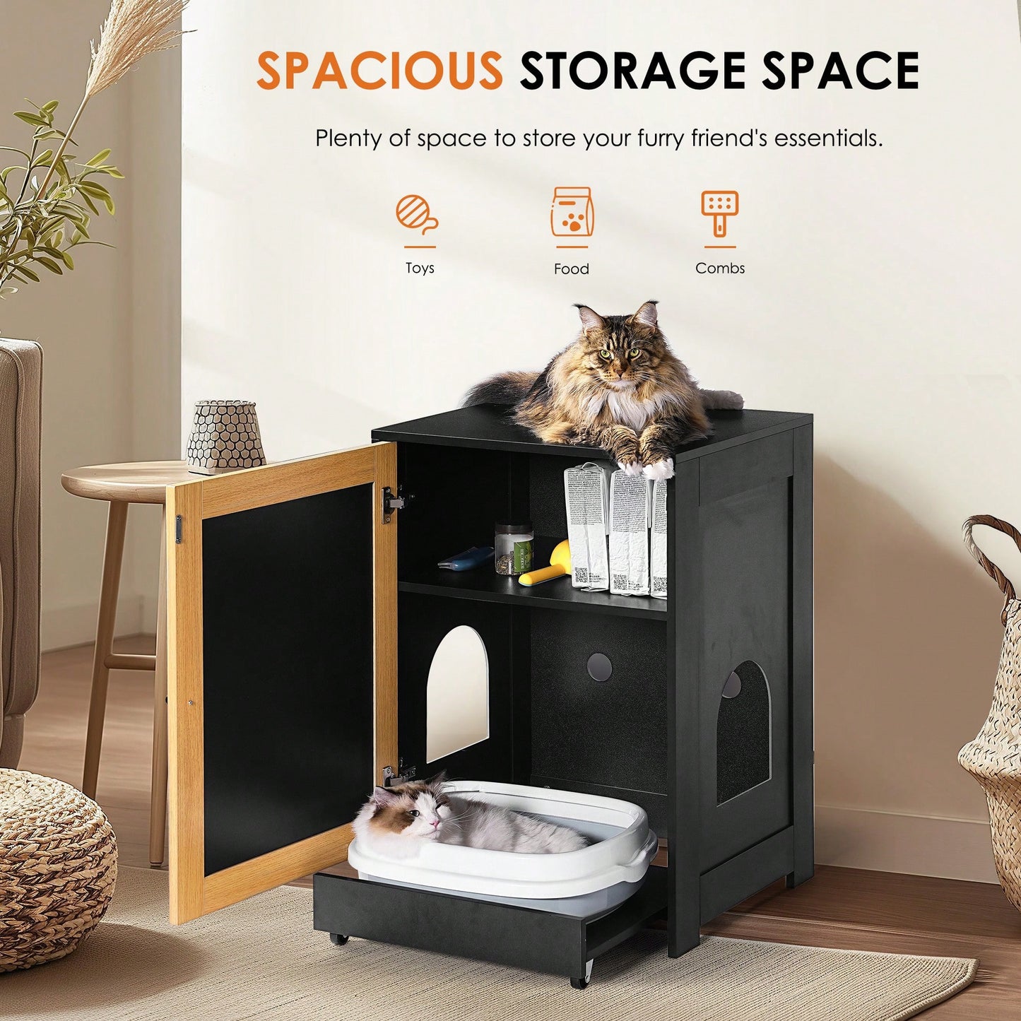 Stylish Cat Litter Box Enclosure And Hidden Washroom Furniture With Sisal Door - Black Kitty End Table And Litter Cabinet