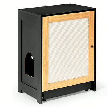 Stylish Cat Litter Box Enclosure And Hidden Washroom Furniture With Sisal Door - Black Kitty End Table And Litter Cabinet