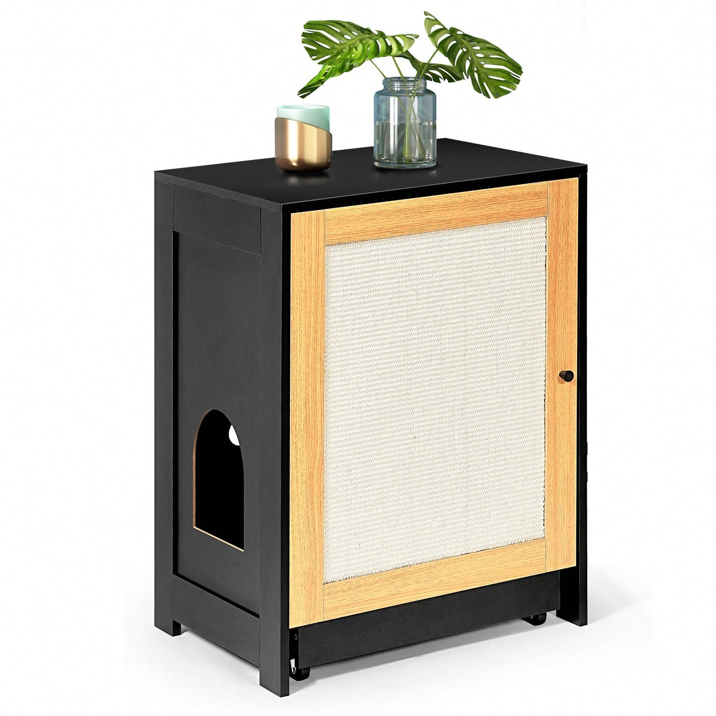 Stylish Cat Litter Box Enclosure And Hidden Washroom Furniture With Sisal Door - Black Kitty End Table And Litter Cabinet