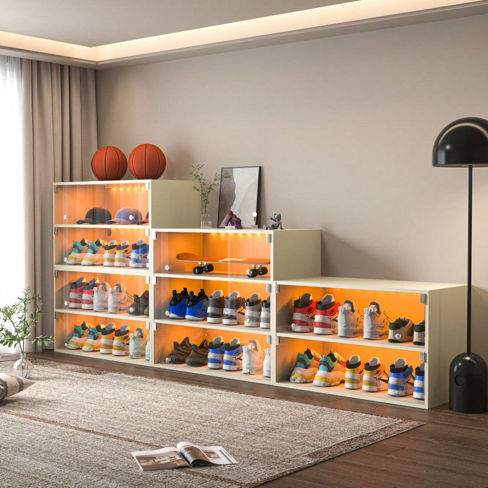 Stylish Glass Door Shoe Storage Cabinet For Sneakers With RGB LED Lighting