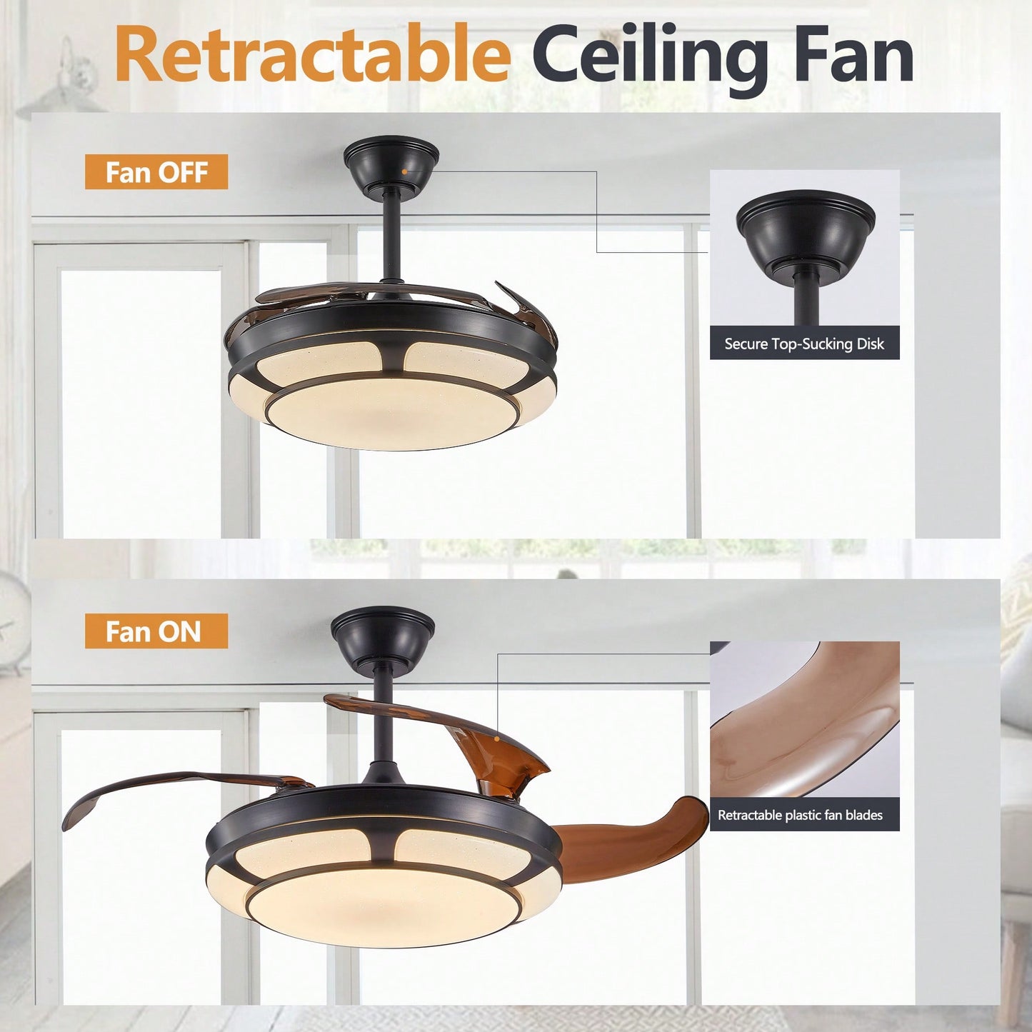 Sleek Retractable Ceiling Fan With LED Light - Modern Minimalist Design For Living Room, Bedroom & Dining Areas
