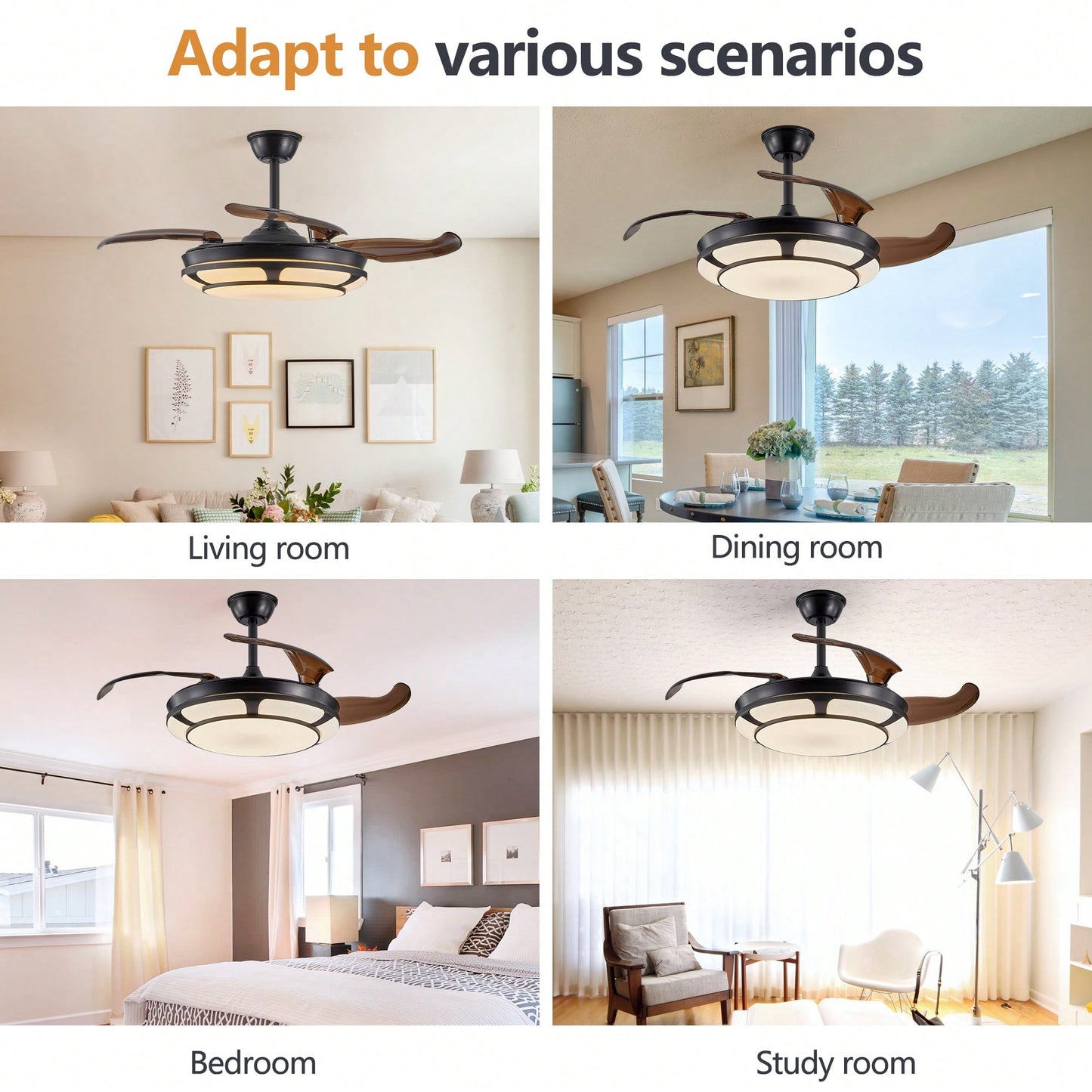 Sleek Retractable Ceiling Fan With LED Light - Modern Minimalist Design For Living Room, Bedroom & Dining Areas