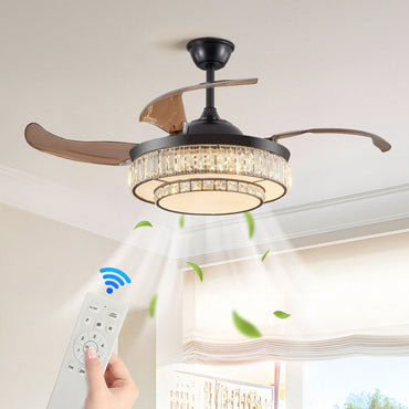 Modern LED Retractable Ceiling Fan With Remote Control - Quiet, Reversible Motor & 4 Blades For Kitchen, Bedroom, Dining Room, And Patio Use