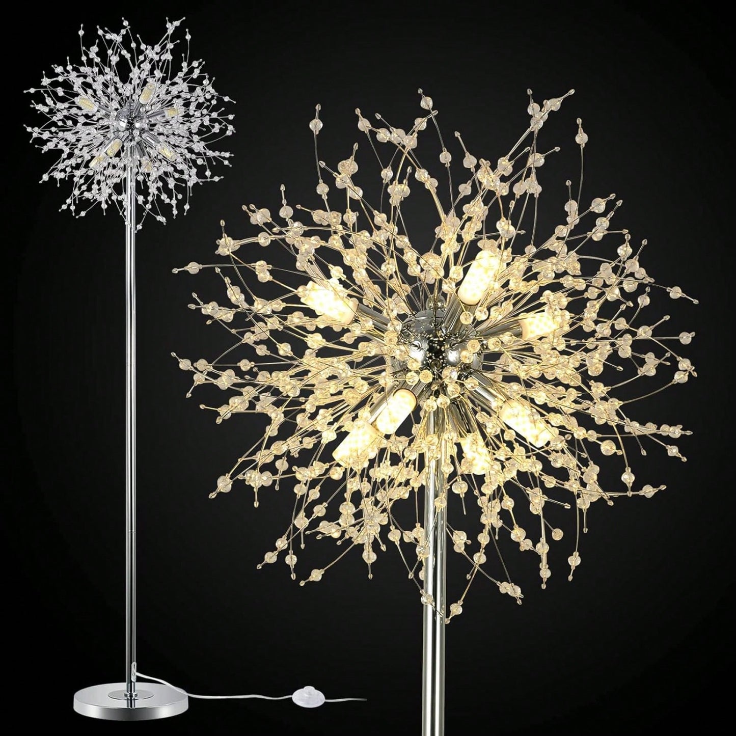 Elegant 69" Floor Lamp With 32 Crystal Fireworks For Bedroom And Living Room Decor – Modern Standing Light With Chrome Finish