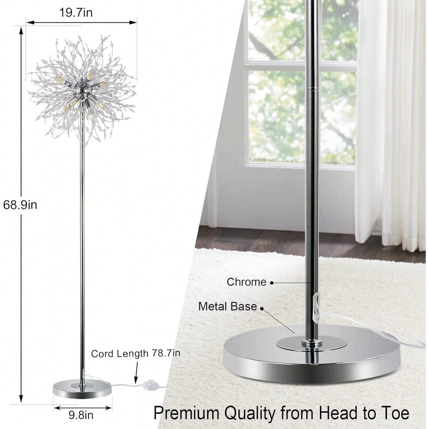 Elegant 69" Floor Lamp With 32 Crystal Fireworks For Bedroom And Living Room Decor – Modern Standing Light With Chrome Finish