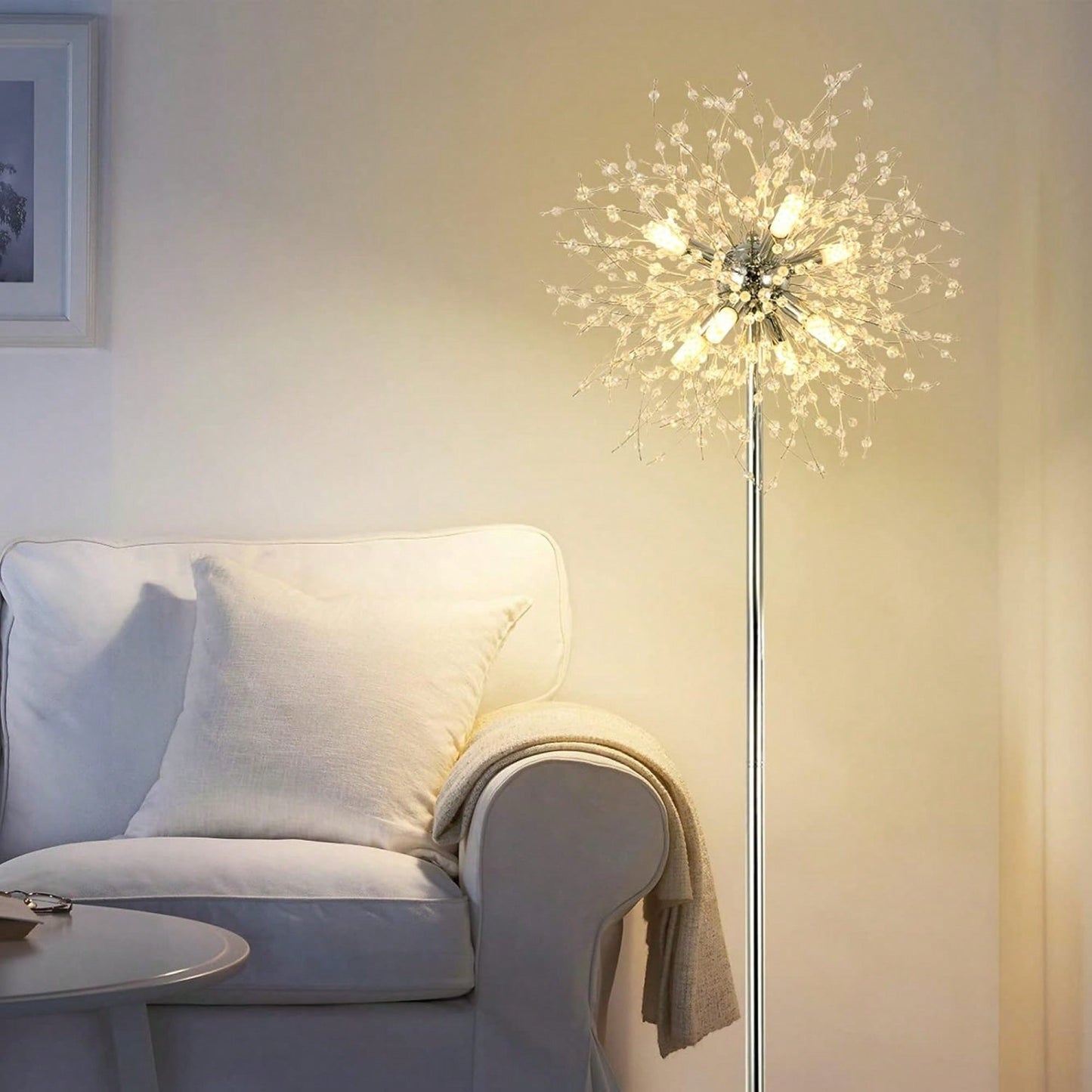 Elegant 69" Floor Lamp With 32 Crystal Fireworks For Bedroom And Living Room Decor – Modern Standing Light With Chrome Finish