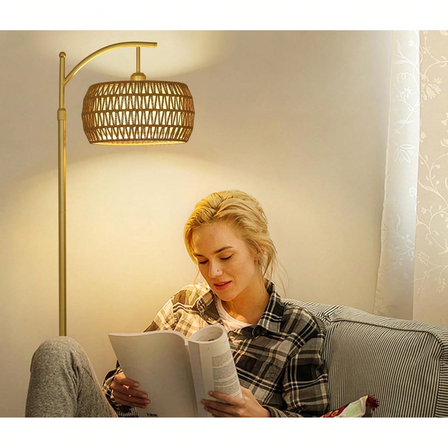 Dimmable LED Arc Floor Lamp with Remote 3 Color Temperatures Stylish Black Rattan Fabric Shade for Boho Farmhouse Living Room Bedroom