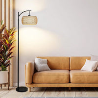 Dimmable LED Arc Floor Lamp with Remote 3 Color Temperatures Stylish Black Rattan Fabric Shade for Boho Farmhouse Living Room Bedroom