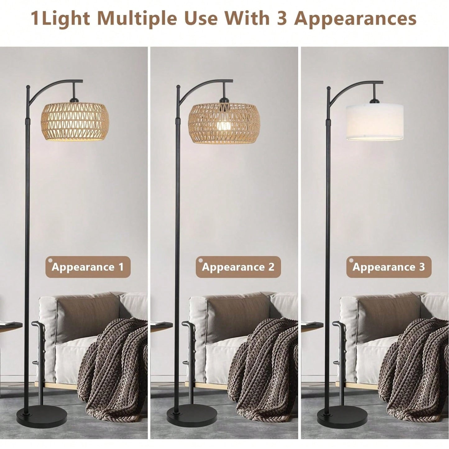 Dimmable LED Arc Floor Lamp with Remote 3 Color Temperatures Stylish Black Rattan Fabric Shade for Boho Farmhouse Living Room Bedroom