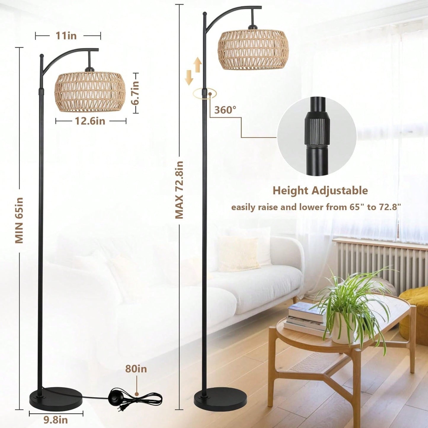 Dimmable LED Arc Floor Lamp with Remote 3 Color Temperatures Stylish Black Rattan Fabric Shade for Boho Farmhouse Living Room Bedroom