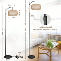 Dimmable LED Arc Floor Lamp with Remote 3 Color Temperatures Stylish Black Rattan Fabric Shade for Boho Farmhouse Living Room Bedroom