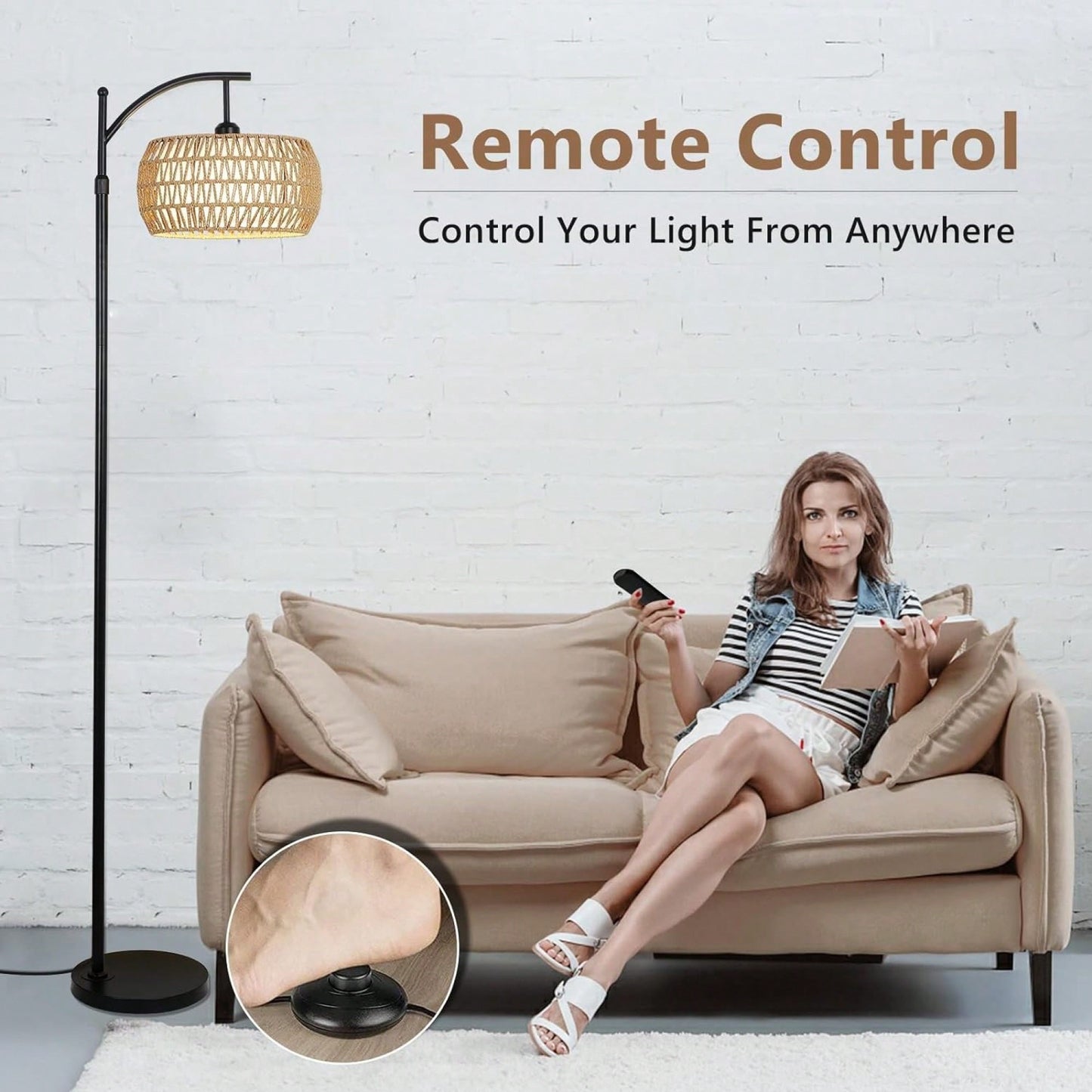 Dimmable LED Arc Floor Lamp with Remote 3 Color Temperatures Stylish Black Rattan Fabric Shade for Boho Farmhouse Living Room Bedroom