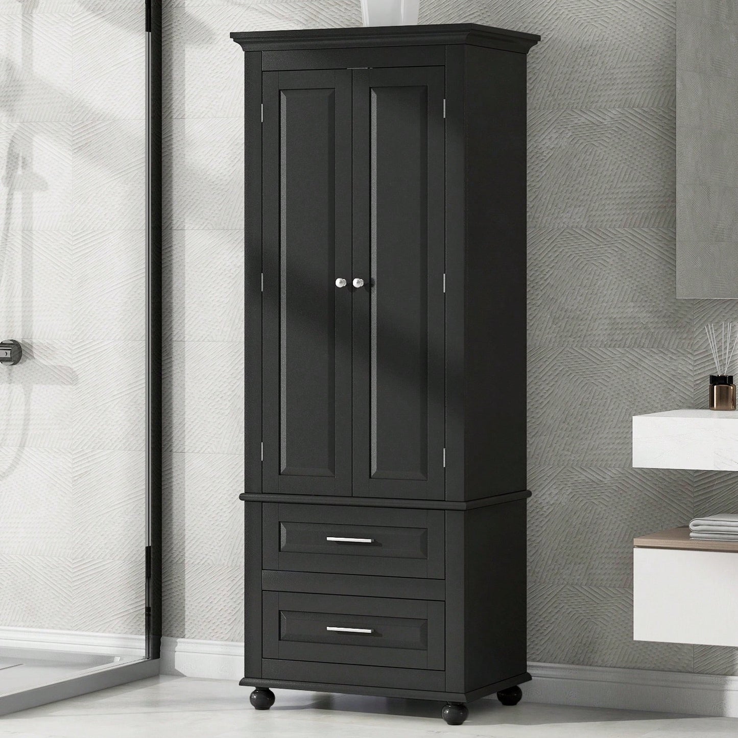 Sleek Black Tall Storage Cabinet With Double Drawers For Bathroom And Office Organization