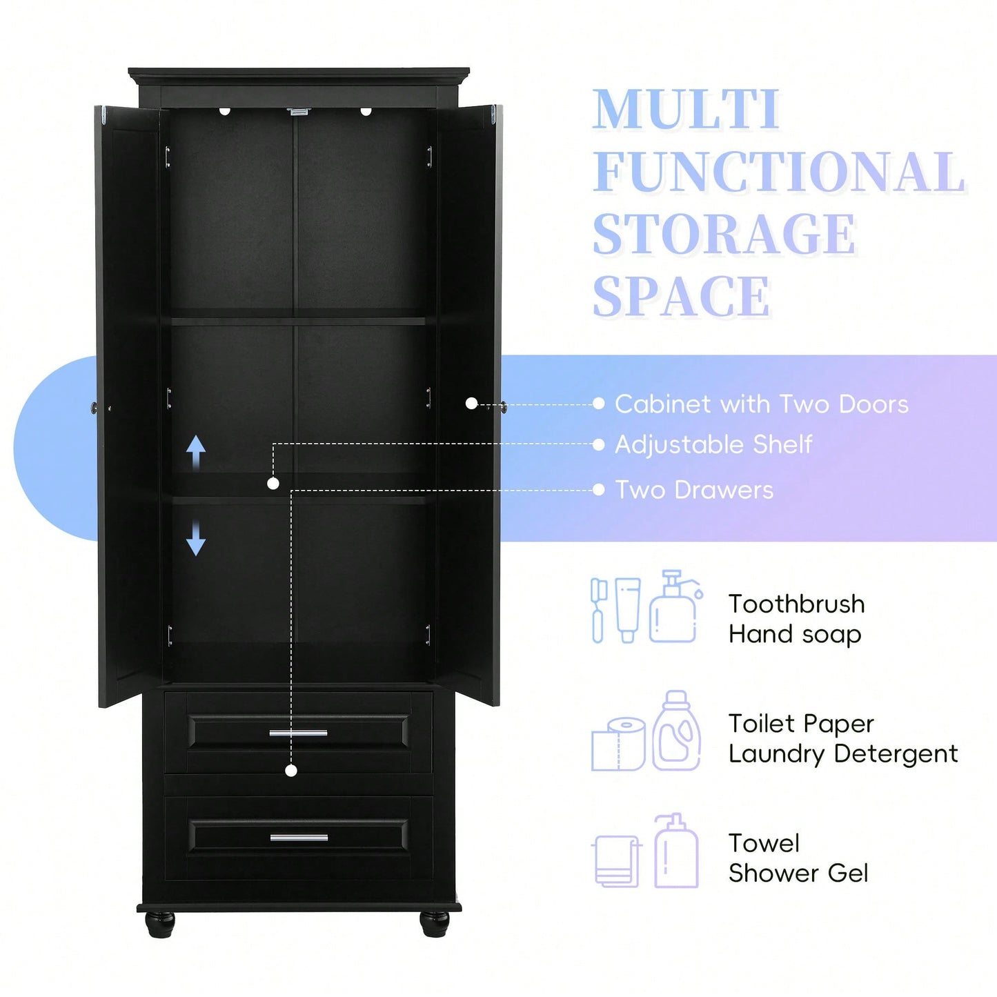 Sleek Black Tall Storage Cabinet With Double Drawers For Bathroom And Office Organization