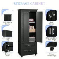 Sleek Black Tall Storage Cabinet With Double Drawers For Bathroom And Office Organization