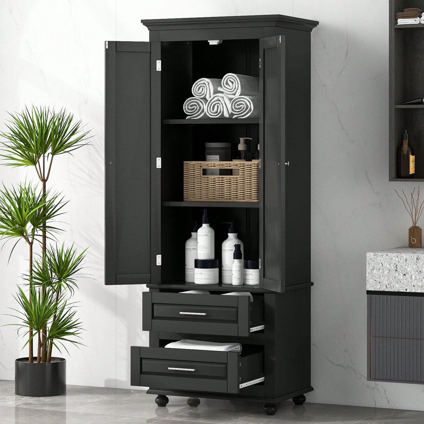 Sleek Black Tall Storage Cabinet With Double Drawers For Bathroom And Office Organization