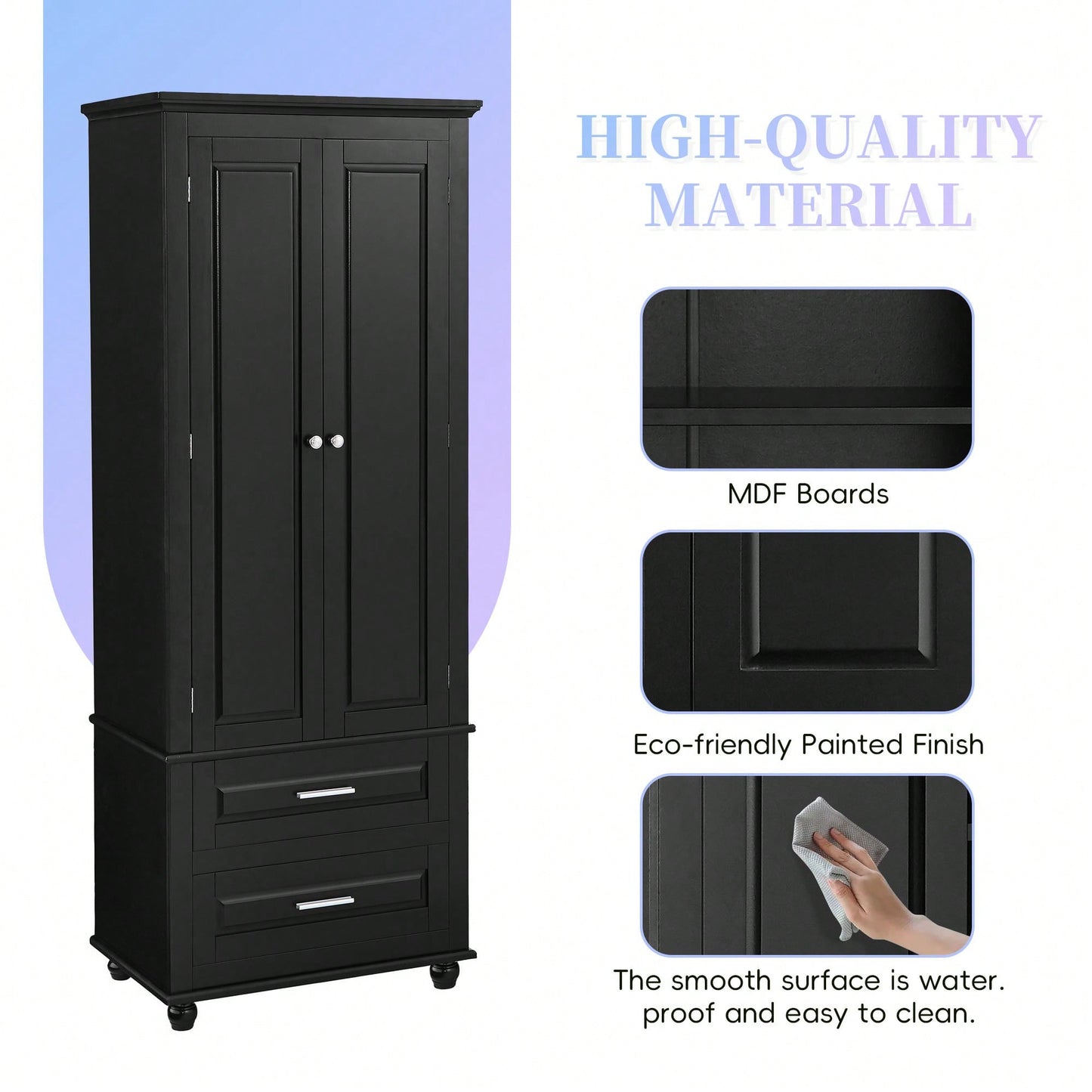 Sleek Black Tall Storage Cabinet With Double Drawers For Bathroom And Office Organization