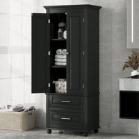 Sleek Black Tall Storage Cabinet With Double Drawers For Bathroom And Office Organization