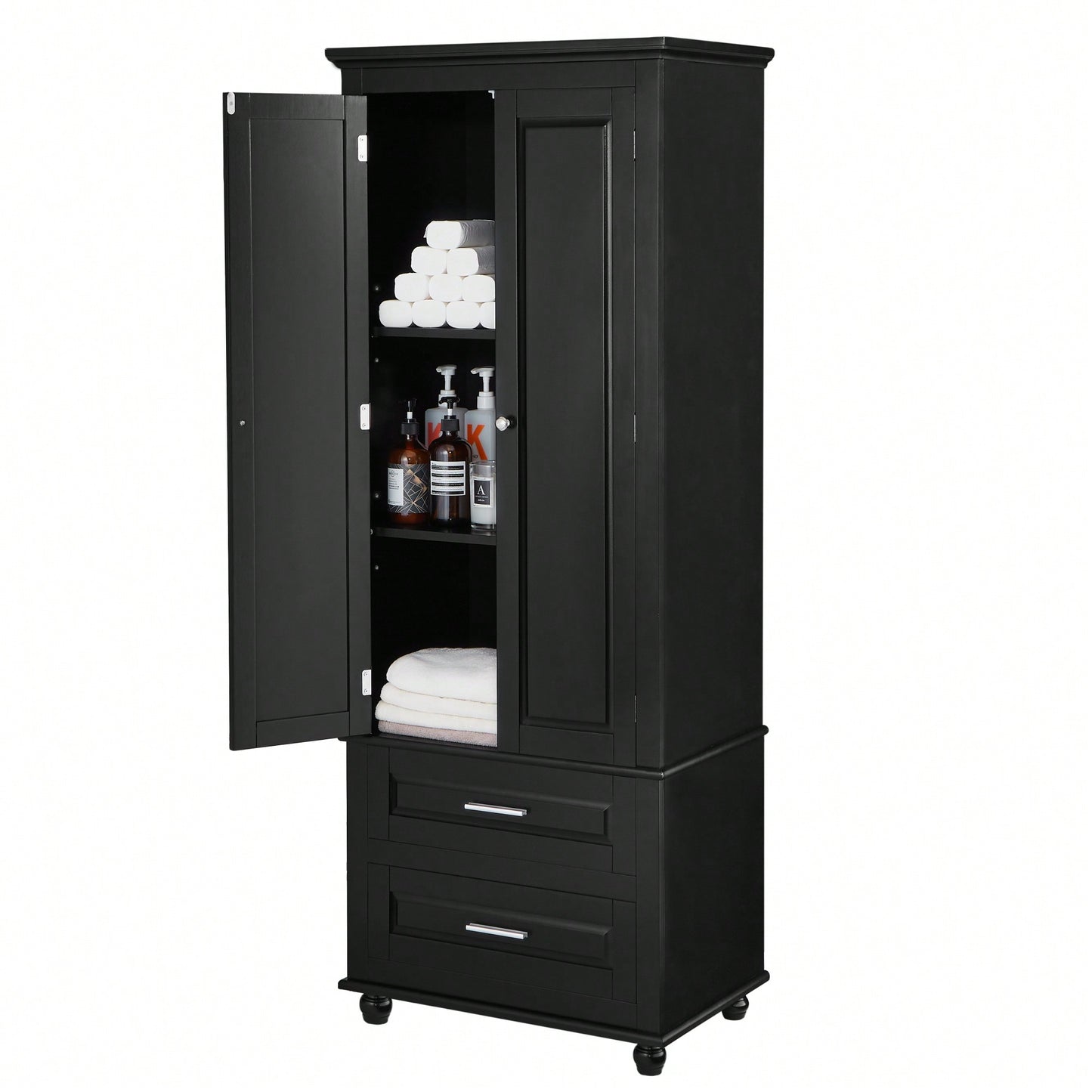 Sleek Black Tall Storage Cabinet With Double Drawers For Bathroom And Office Organization