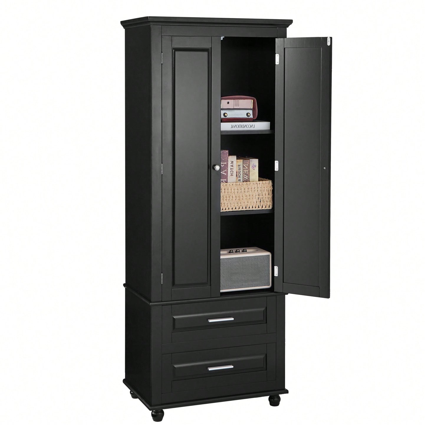 Sleek Black Tall Storage Cabinet With Double Drawers For Bathroom And Office Organization