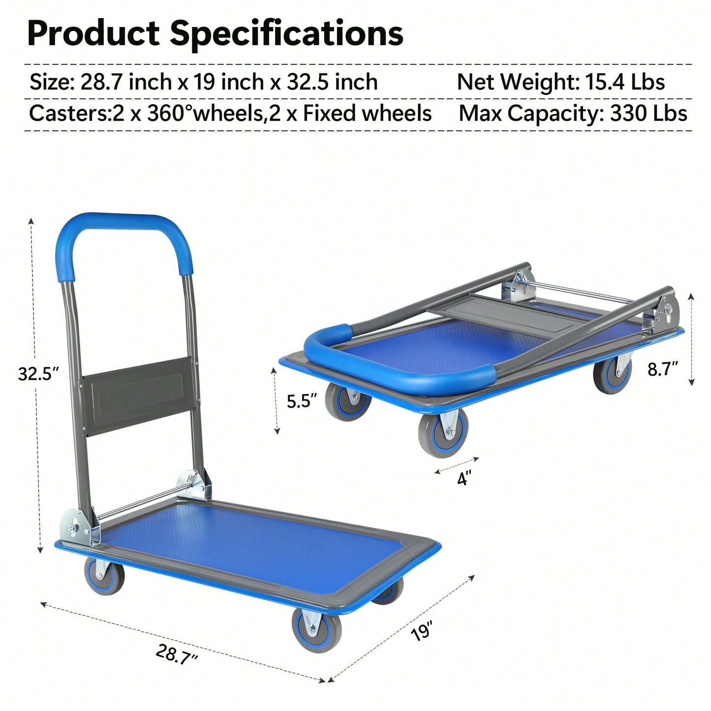 Versatile Foldable Push Cart Dolly With 360° Swivel Wheels - Heavy-Duty Moving Platform Hand Truck, 330lb Capacity, Easy Storage Solution