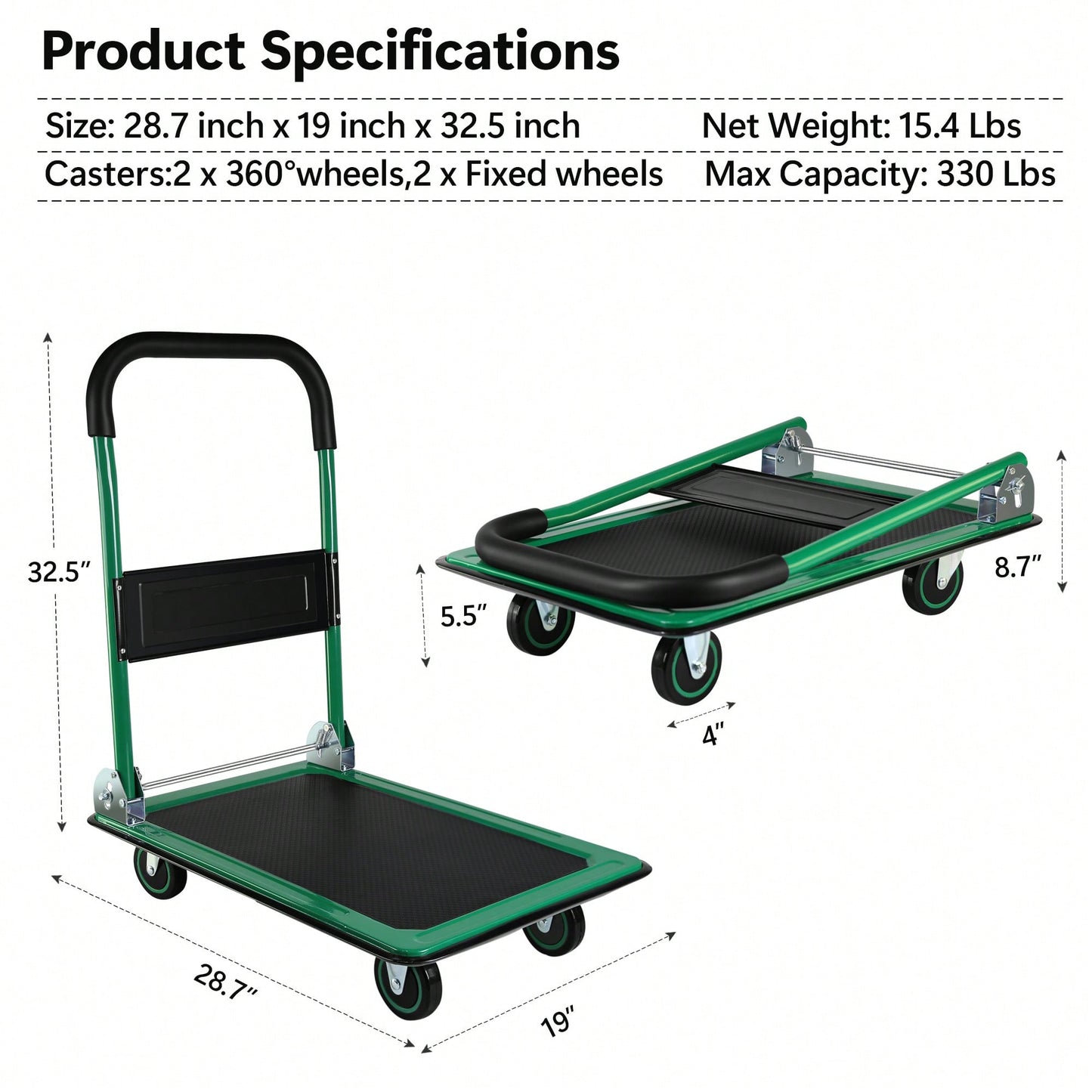 Versatile Foldable Push Cart Dolly With 360° Swivel Wheels - Heavy-Duty Moving Platform Hand Truck, 330lb Capacity, Easy Storage Solution