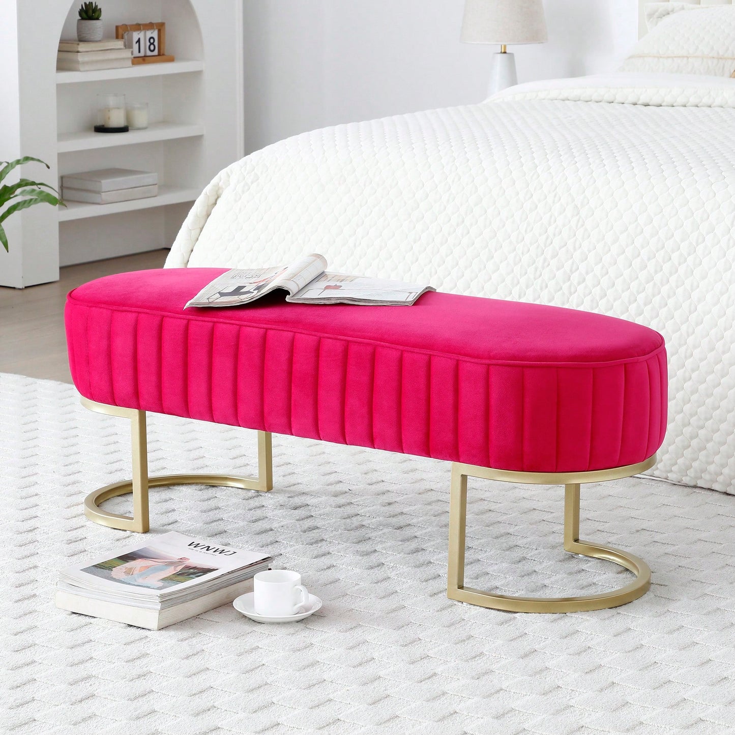 Chic Velvet Oval Upholstered Bench With Gold Metal Legs – 48" Modern Storage Ottoman For Bedroom, Living Room, Or Entryway - Beige