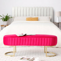 Chic Velvet Oval Upholstered Bench With Gold Metal Legs – 48" Modern Storage Ottoman For Bedroom, Living Room, Or Entryway - Beige
