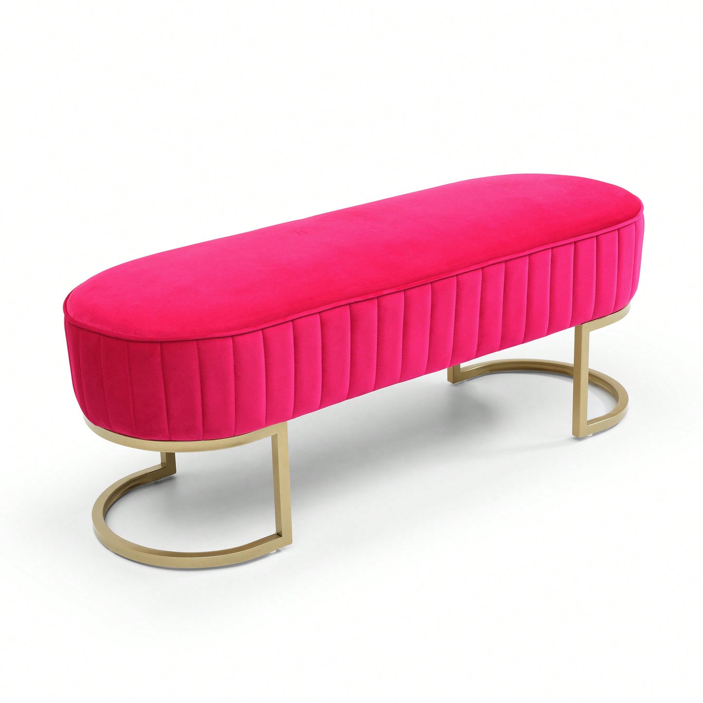 Chic Velvet Oval Upholstered Bench With Gold Metal Legs – 48" Modern Storage Ottoman For Bedroom, Living Room, Or Entryway - Beige