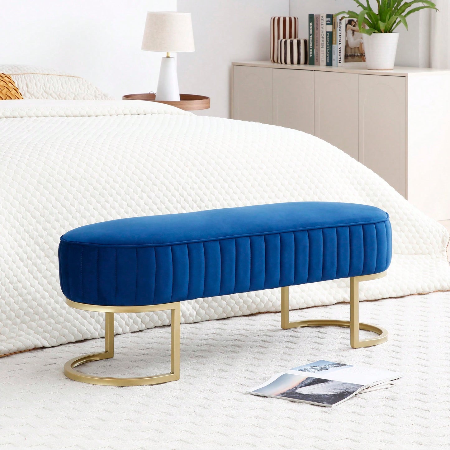 Chic Velvet Oval Upholstered Bench With Gold Metal Legs – 48" Modern Storage Ottoman For Bedroom, Living Room, Or Entryway - Beige